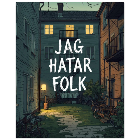 Närbild på en poster föreställande husfasader i skymningsljus med texten Jag hatar folk i handskriven stil.