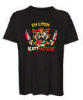 Humoristisk t-shirt med grafiskt motiv av en aggressivt gullig katt
