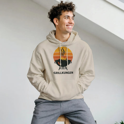 Grillkungen retro-design med grill & solnedgång på beige hoodie.