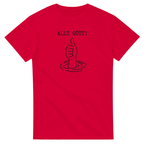 Tecknad tumme upp ur vatten & text "ALLT GÖTT!" på röd t-shirt.