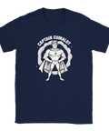 Tecknad superhjälte med text "CAPTAIN CUMALOT" i vitt på marinblå t-shirt.