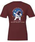 Dabbande astronaut, text "Rebooting Civilisation Elon Musk Space Adventures" på vinröd t-shirt.