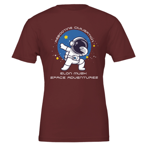 Dabbande astronaut, text "Rebooting Civilisation Elon Musk Space Adventures" på vinröd t-shirt.