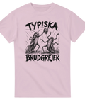 Satirisk design med syrsor och rolig text på rosa t-shirt