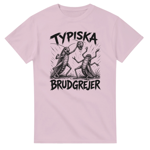 Satirisk design med syrsor och rolig text på rosa t-shirt