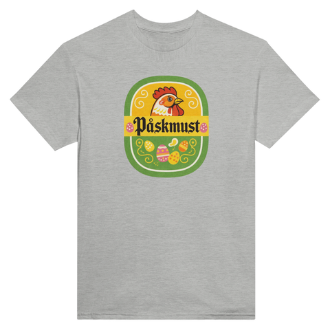 Gråmelerad t-shirt med illustrerat påskmusttryck och nostalgisk känsla