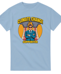 Pop art-inspirerad design med miljötema på en himmelsblå t-shirt