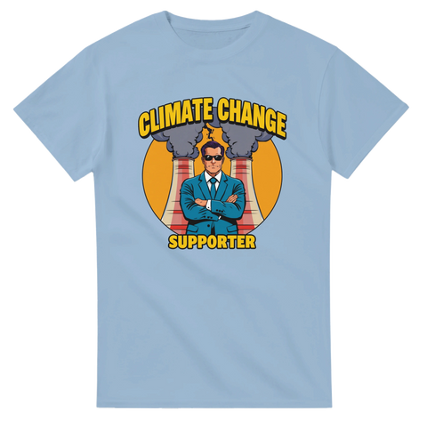 Pop art-inspirerad design med miljötema på en himmelsblå t-shirt