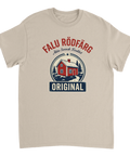 Klassiskt emblem med röd stuga och texten Original på beige t-shirt