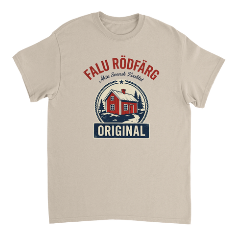 Klassiskt emblem med röd stuga och texten Original på beige t-shirt