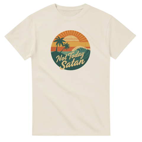 Retro "Not Today Satan" solnedgång med palmer och våg på beige t-shirt.