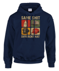 Marinblå hoodie med statement-tryck om ideologi och historiska hattar