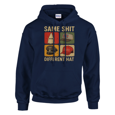 Marinblå hoodie med statement-tryck om ideologi och historiska hattar