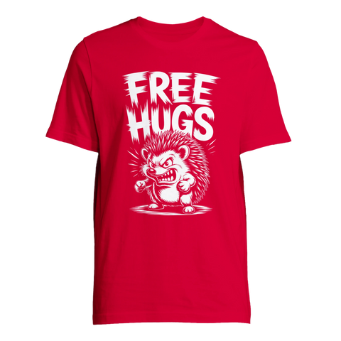 Provokativ t-shirt med en psykotisk igelkott och taggig text på rött tyg