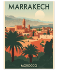 Närbild på en travel poster med texten Marrakech, föreställande geometrisk arkitektur under en blek sol och blå himmel.