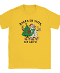 Gul t-shirt med en julgran och snögubbe som skålar och texten ”Barra en sista, sen går vi”.