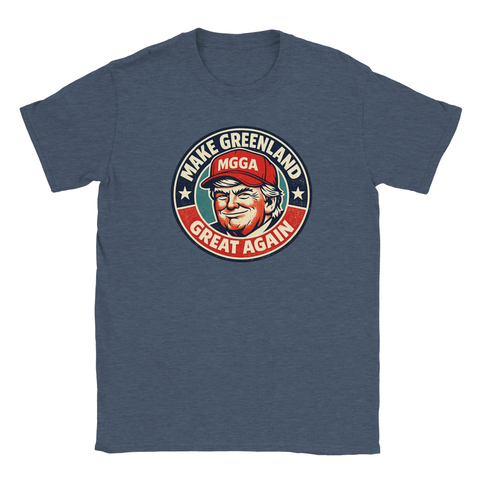 Kaxig statement-design med nostalgisk MGGA-logotyp på melerad blå t-shirt