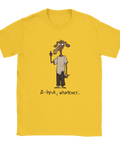 Gul t-shirt med motiv av en medvetet ful tecknad hundkaraktär
