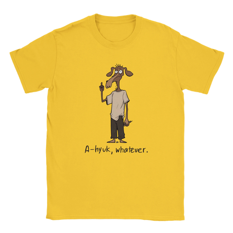 Gul t-shirt med motiv av en medvetet ful tecknad hundkaraktär