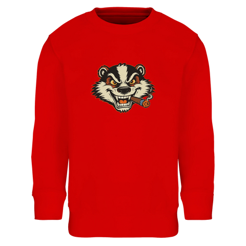 Röd sweatshirt för barn med humoristiskt motiv av en grävling