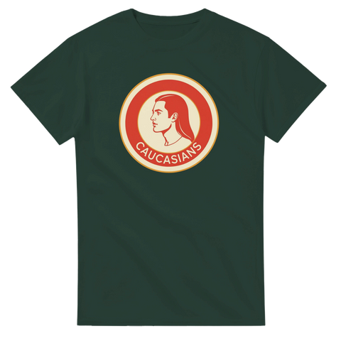 Caucasians logga med manprofil i rött/beige på mörkgrön t-shirt, retrostil.