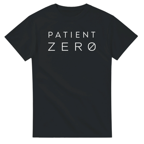 Minimalistisk typografi med texten Patient Zero – grafisk t-shirt i dystopisk stil