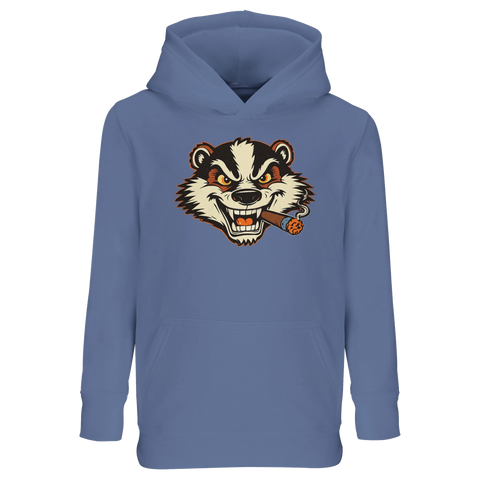 Billy Badger-tryck med arg grävling som röker cigarr på blå barnhoodie.