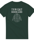 Grafisk illustration av en flanellskjorta med texten Typiskt Norrland – grön t-shirt
