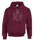 Vitt streckritat tentakelmonster med stora ögon och tänder på vinröd hoodie.