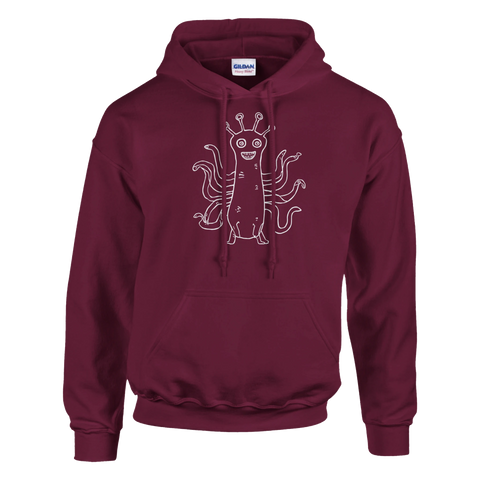 Vitt streckritat tentakelmonster med stora ögon och tänder på vinröd hoodie.