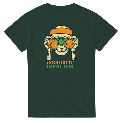 Vintage inspirerad Beach Pervert design med skeletthänder och kikare – mörkgrön t-shirt