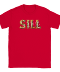 Röd t-shirt med ett kreativt och humoristiskt motiv av inlagd sill