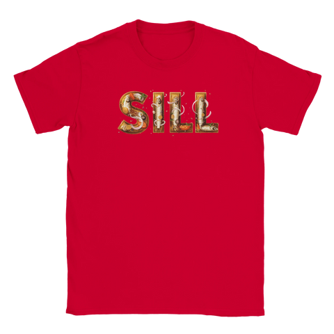 Röd t-shirt med ett kreativt och humoristiskt motiv av inlagd sill
