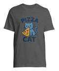 Blå tecknad katt äter pizzabit, text "PIZZA CAT", på mörkgrå t-shirt.