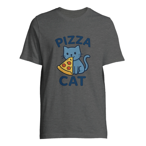 Blå tecknad katt äter pizzabit, text "PIZZA CAT", på mörkgrå t-shirt.