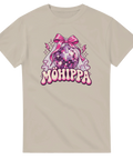 Beige t-shirt med texten ”Möhippa”, discokula, rosa rosett och brudslöja.