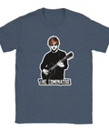Mörkblå melerad t-shirt med parodiskt tryck av Ed Sheeran som cyborg