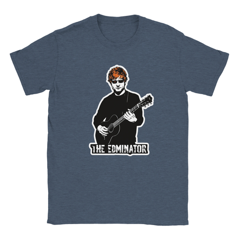 Mörkblå melerad t-shirt med parodiskt tryck av Ed Sheeran som cyborg
