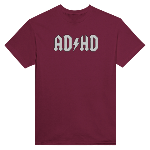 Vinröd t-shirt med rockigt AD/HD motiv och blixt-symbol