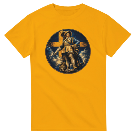 Majestätiskt motiv av Göteborgs grundare på gul t-shirt