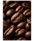 Stämningsfull närbild av rostade kaffebönor med fokus på detaljer och naturlig yta.
