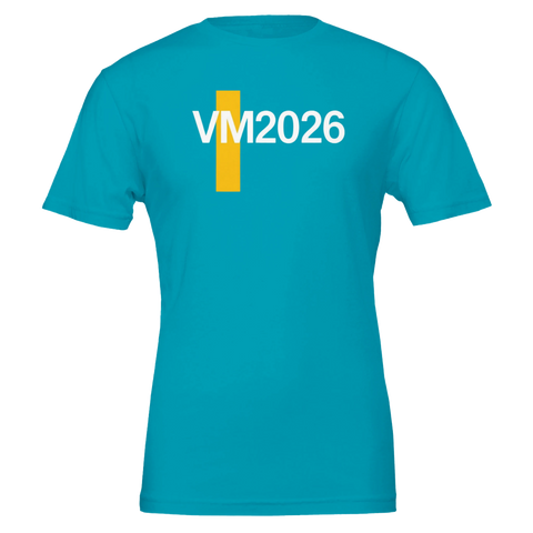 Minimalistiskt fotbollsmotiv VM 2026 på turkos t-shirt för landslagssupportrar