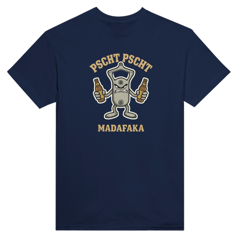 Pscht Pscht Madafaka illustration – kaxig t-shirt med ölmotiv i marinblått