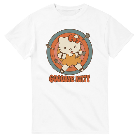 Ironiskt Goodbye Kitty motiv i 70-talsfärger – vit grafisk t-shirt