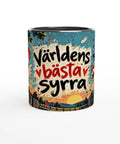 Mugg med texten Världens bästa syrra och tecknade hönor.