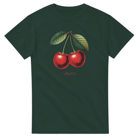 Två röda körsbär med gröna blad och texten "cherry." på mörkgrön t-shirt.
