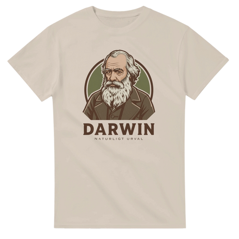 Klassiskt porträtt av Darwin i jordnära färger på sandfärgad t-shirt