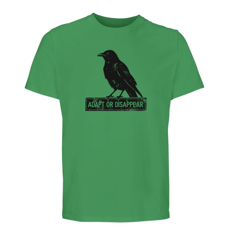 Grön t-shirt med ett mörkt, detaljrikt tryck av en korp