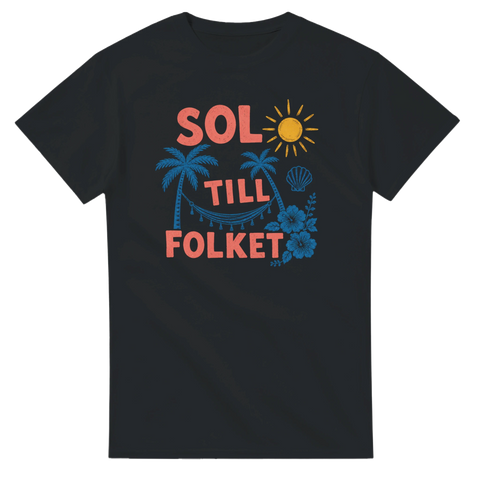 Färgglatt sommaruppror med tropiskt motiv på mörkgrå t-shirt