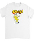 Tecknad banan med solglasögon, pekar med pistolhand, text "COOL!" på vit t-shirt.